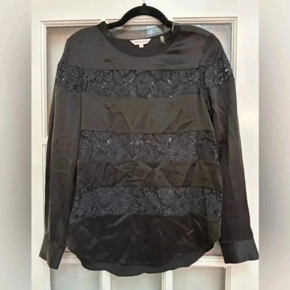 Rebecca Taylor 100% Silk Black Lace Zippered Shoulders Long Sleeve Blouse Size 0